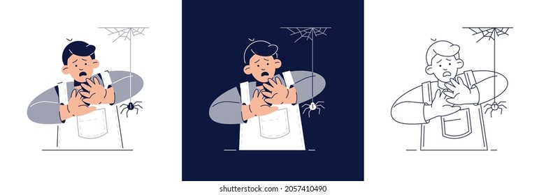 Fear of Spiders, Childhood Irrational Fear vector illustration set. Scared Child Character is afraid of spider. Phobia, Arachnophobia, Scared Face emotion concept flat collection for web banner design