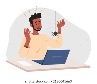 Fear of spiders. Man sits at laptop, character distracted by insect, popular phobias. Frightened young guy and freelancer. Dirty room needs cleaning, surprise. Cartoon flat vector illustration