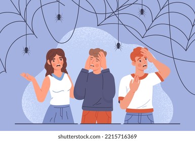 Fear of spiders. Men and woman in scary dark place with cobwebs with archaphobia. Stress and panic, psychological disorder and paranoia. Poster or banner for website. Cartoon flat vector illustration