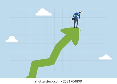 Fear of stock market, Businessman investor is at peak with soaring arrow, feeling anxious as he gazes downwards.