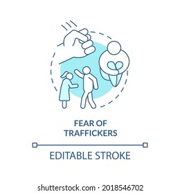 Fear of traffickers blue concept icon. Mental and emotional weakness abstract idea thin line illustration. Aftermath of violent treatment. Vector isolated outline color drawing. Editable stroke