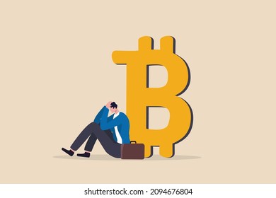 Fear, uncertainty and doubt acronym as FUD in crypto currency trading by spread information concept, confused businessman investor sitting with fear on Bitcoin symbol. 