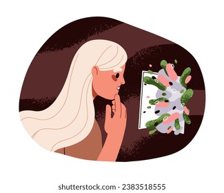 Fear, uncertainty, doubt in unknown future. Uncertain person afraid of opening door for life change, new opportunities, risks. Psychology concept. Flat vector illustration isolated on white background