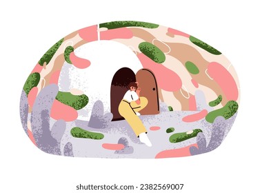Fear, uncertainty while leaving, escaping comfort zone. Person trying new, unknown, changing life, stepping outside, doubting. Psychology concept. Flat vector illustration isolated on white background