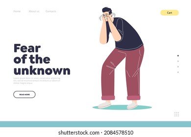 Fear of unknown concept of landing page with frightened young man shivering. Guy suffer from phobia and scares feeling anxious and fearful. Human anxiety. Cartoon flat vector illustration