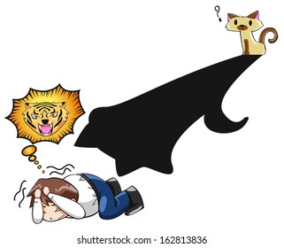 Fear of the unknown. People always fear things that they don't know and fear itself make things to be more scary than it should be, such as this man misunderstood a cat shadow for a tiger. (vector) 