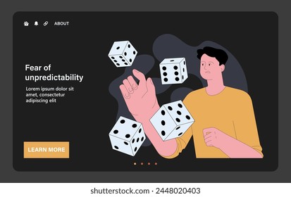 Fear of unpredictability. Apprehensive scared man throwing dice, signifying the emotional weight of uncertainty. Anxiety around unpredictable situations or events. Flat vector illustration