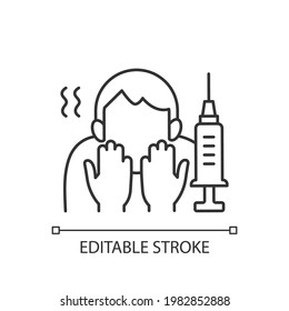 Fear of vaccination linear icon. Phobia of injection. Afraid of syringe needles. Health problem. Thin line customizable illustration. Contour symbol. Vector isolated outline drawing. Editable stroke