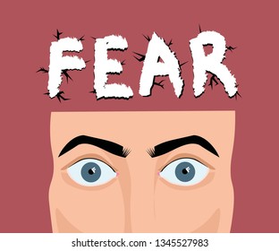 Fear vector illustration and hand drawn lettering with cracks. Very scared human portrait.