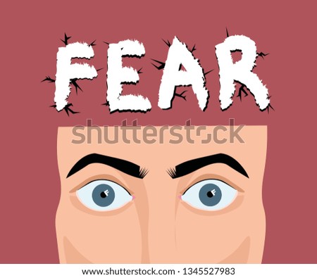 Fear vector illustration and hand drawn lettering with cracks. Very scared human portrait.