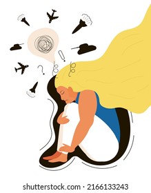 El miedo a la guerra, el estrés, el vector de los problemas psicológicos. Mujer frustrada y deprimida abrazando su rodilla. Bombas, misiles, llanuras, tanques alrededor de su cabeza. Ella está triste y asustada.