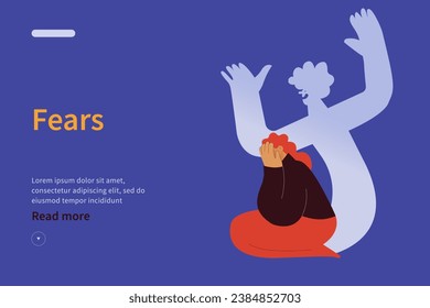 Fear website concept. Insecurities haunting you. Woman scared of ghost evil coming out of herself, insecurities, pressure. Huge fear shadow. Modern flat vector illustration