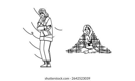 fear woman shiver vector. anxiety winter, breeze shudder, freeze reaction fear woman shiver character. people black line pencil drawing illustration