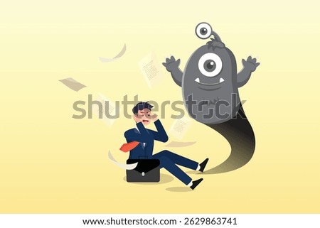 Fearful businessman afraid of evil monster shadow, fear, anxiety or panic attack, afraid of mistake, scared or nightmare suffering, depression or dread, worry or trouble causing distraught concept