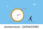 Fearful businessman running away from detonated time countdown bomb about to explode. Time management, project deadline countdown or problem or trouble to deliver or launch product.