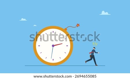 Fearful businessman running away from detonated time countdown bomb about to explode. Time management, project deadline countdown or problem or trouble to deliver or launch product.