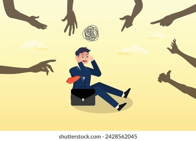 Empresario temeroso sentado con la mano mala amenazar, miedo o miedo al fracaso, lucha o grilletes, sentirse deprimido o desorden, fobia, ansiedad o estrés burnout o pensamiento negativo (Vector) 