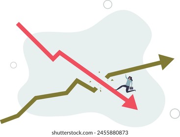 fearful businesswoman riding fall down economic graph with inflation high up.flat vector illustration.