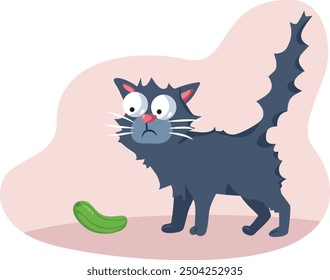 
Fearful Cat Afraid of a Green Cucumber Vector Illustration. Domestic animal intimidated by a green vegetable 
