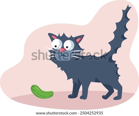 
Fearful Cat Afraid of a Green Cucumber Vector Illustration. Domestic animal intimidated by a green vegetable 
