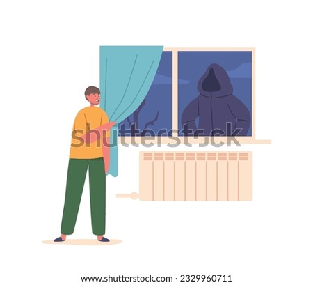 Fearful Child Boy Peers Through Window, Haunted By Imagined Monster or Stranger in Hood Lurking Beyond The Glass