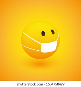 Fearful, Concerned Emoticon with  Medical Mask, View from Side on Yellow Background - Vector Design
