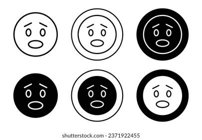 Temeroso icono del emoticono de la cara. Juego de símbolos emoji de chat de redes sociales enfatizados o conmocionados. signo del vector emoticono de expresión facial deprimido y preocupado. Cara temerosa con el logo de la línea de confusión