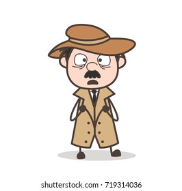 Fearful Face Expression of  Detective Cartoon Vector