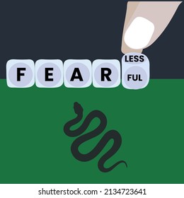 Fearful to fearless expression stock illustration. Hand turns a dice and changes the expression fearful to fearless in front of the snake.