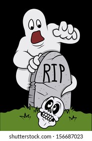 fearful ghost after seeing skull in graveyard - Halloween vector illustration