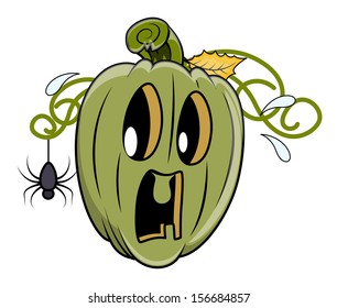 fearful jack o' lantern by a tiny spider - Halloween vector illustration