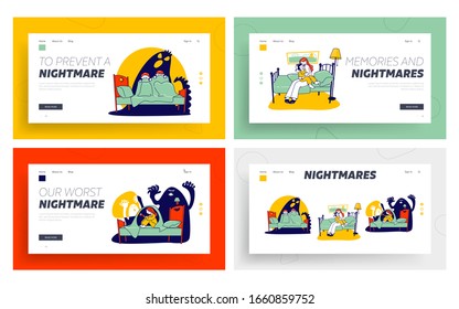 Fearful Kids and Imaginary Monsters Website Landing Page Set. Mother Calm Down Frighten Son, Kids Sitting on Bed Hide from Scary Nightmares Web Page Banner. Cartoon Flat Vector Illustration Linear
