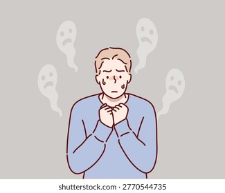 Fearful Man Feeling Anxious and Surrounded by Invisible Shadows Original vector illustration drawn by hand.