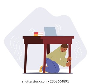 Fearful Man Hides Under Table For Safety During Earthquake. Male Character Seeking Protection From Collapsing Surroundings And Potential Falling Debris. Cartoon People Vector Illustration