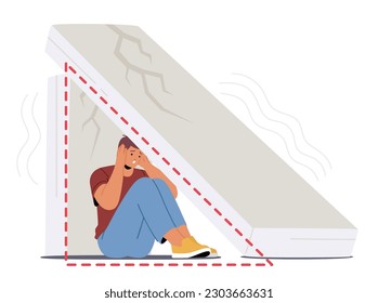 Fearful Man Hiding Under Concrete Slab For Safety During Earthquake. Male Character Frantic, Vulnerable, And Seeking Refuge From Impending Danger. Cartoon People Vector Illustration