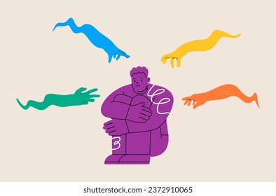 Fearful man sitting with evil hand threaten. Anxiety or stressed burnout or negative thinking concept. Colorful vector illustration
