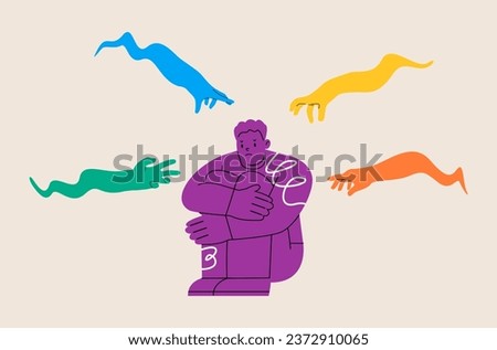 Fearful man sitting with evil hand threaten. Anxiety or stressed burnout or negative thinking concept. Colorful vector illustration
