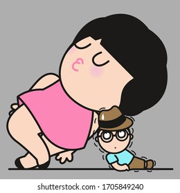 Fearful Miniature Boy Tremble At His Gigantic Relaxed Lover Girl Leaning On Him. Couple Life Concept Card Character illustration