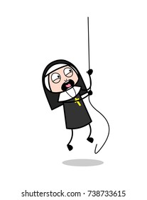 Fearful Nun Screaming and Trying to Climb Rope Vector