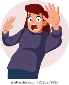 
Fearful Shocked Woman Defending Herself Vector Illustration. Damsel in distress trying self defense protective gestures 
