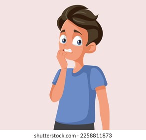 
Fearful Teenage Boy Biting his Nails Vector Cartoon Illustration. Bullied and intimidated teenager showing signs of panic attacks
