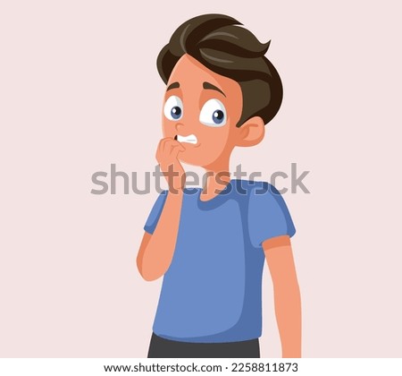 
Fearful Teenage Boy Biting his Nails Vector Cartoon Illustration. Bullied and intimidated teenager showing signs of panic attacks
