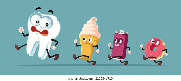 
Fearful Tooth Running Away from Fast Food Items Vector Cartoon. Scared molar suffering from eating unhealthy junk food affecting his enamel 
