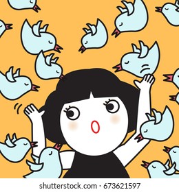 Fearful Woman Scared Of Birds Has A Panic Attack When Birds Land On Her Head In A Surprise Shock And Fear Concept Card Character illustration