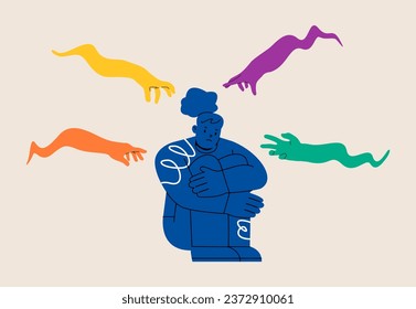 Fearful woman sitting with evil hand threaten. Anxiety or stressed burnout or negative thinking concept. Colorful vector illustration
