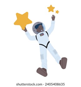 Fearless Black Kid Astronaut Floats Among Stars, Donned In A Vibrant Spacesuit, Exploring The Cosmic Wonders Of The Universe With Wide-eyed Curiosity And A Playful Spirit. Cartoon Vector Illustration