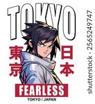 Fearless boy manga illustration with "Tokyo and Japan" Japanese translation