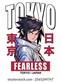 Fearless boy manga illustration with "Tokyo and Japan" Japanese translation