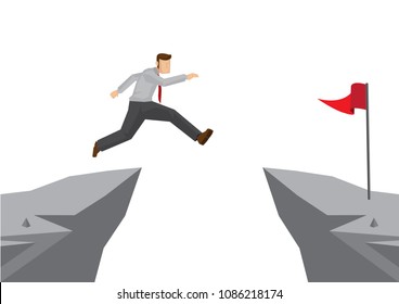 Fearless brave businessman jumping over a cliff to reach his target. Concept of overcoming challenges to achieve his goal. Vector cartoon illustration. 