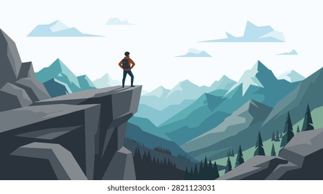 Fearless climber on mountain cliff edge landscape vector design